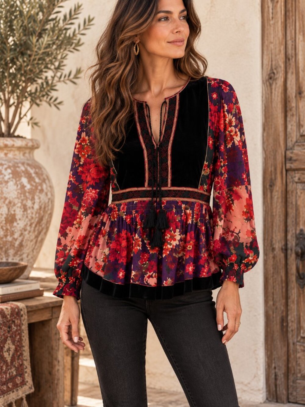 Johnny Was Kimmy Top Womens M Silk Blend Velvet Floral Peasant Blouse Boho